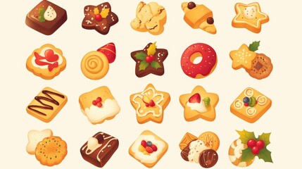 Indulge in a delightful array of cartoon cookies From tempting chocolate snacks and sweet bakery treats to festive Christmas desserts and sugary candies this 2d isolated illustration showcas