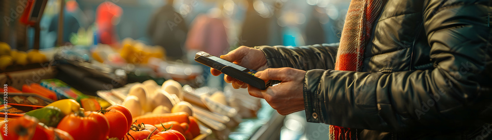 Poster modern vendor at market accepting mobile payment: high res image showcasing efficient transactions i