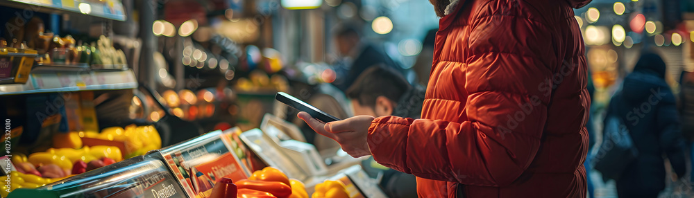 Poster modern mobile payment transaction at market: vendor accepting payment in realistic setting with glos