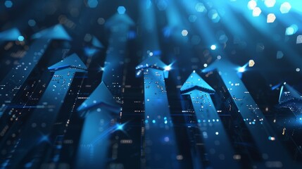 Ultra high definition 8k visualization of rising stock market arrow with blue tech glow, showcasing advanced financial growth and technology trends in a sleek and futuristic design