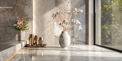 Marble countertop with elegant flower vase and luxurious golden accessories in a modern interior.
