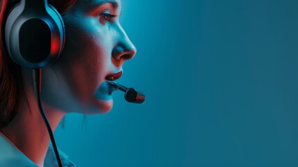 Close-up of a customer service representative wearing a headset with a microphone, captured in a high-resolution studio lighting setting. Ideal for advertising and promotional materials