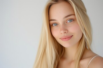 Naklejka premium Radiant British Beauty: Smiling Blonde Woman in Studio