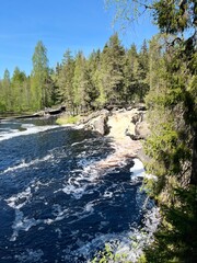 a valley of waterfalls with a stormy rusty raging river among the forest on the rocks