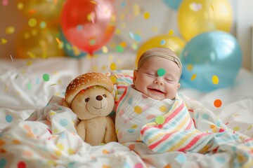 Obraz premium Happy baby surrounded by balloons and soft toys, capturing the festive spirit of celebration and joy