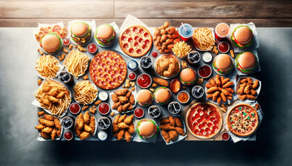 A vibrant spread of fast food on a table, featuring burgers, pizzas, fries, chicken wings, soda, and various dipping sauces, showcasing a feast of indulgence and variety.