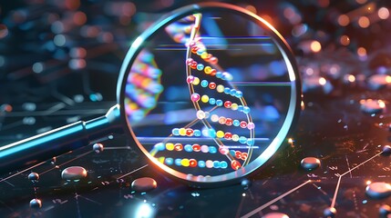 Close-up of a magnifying glass over a DNA sequence, emphasizing specific base pairs relevant to genetic research.