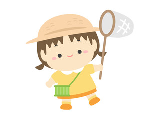 虫取り網と虫かごをもって昆虫採集に行く女の子、夏休みの子どものベクターイラスト