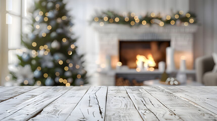 Empty wooden deck table on blurred white Christmas background with tree and fireplace. Backdrop for mockup and promotion design.