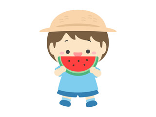 スイカを食べる男の子、夏の子どものベクターイラスト