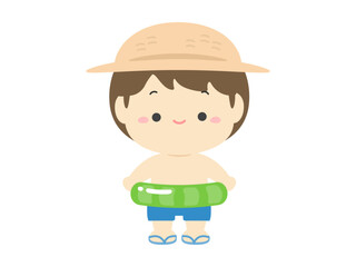 麦わら帽子をかぶり浮き輪を持った水着の男の子、夏休みの子どものベクターイラスト