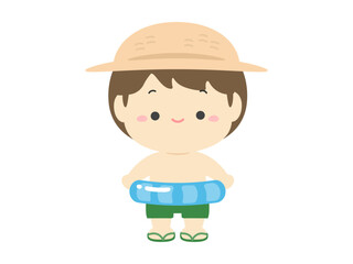 麦わら帽子をかぶり浮き輪を持った水着の男の子、夏休みの子どものイラスト素材