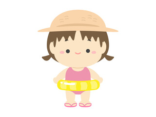 麦わら帽子をかぶり浮き輪を持った水着の女の子、夏休みの子どものイラスト素材