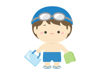 ビート板とカバンを持った水着の男の子、夏休みの子どものベクターイラスト