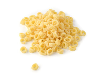 Isolated anelletti pasta. The small, ring-shaped macaroni is dis