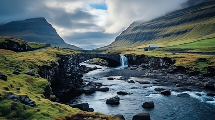 Obraz premium Beautiful Island With Mountains and Water Falls Landscape Background