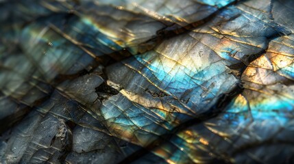 Close-Up of Smooth Polished Labradorite Stone with Iridescent Colors and Fractured Texture for Geology Studies and Collectibles