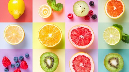 Naklejka premium A colorful assortment of fruits including oranges, kiwis, and strawberries