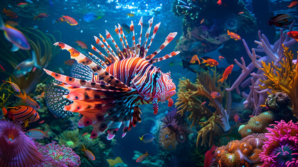 Obraz premium A vibrant coral reef explodes with color, teeming with life. At the center of the scene, a regal lionfish, its fins adorned with bioluminescent stripes, strums a miniature guitar fashioned from a