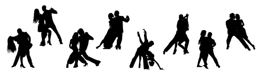 Silhouettes of Dancing People, Dancer Bachata, Salsa, Flamenco, Tango, Latina Dance. Set of couples in different dance poses. Black monochrome vector illustrations isolated on transparent background.