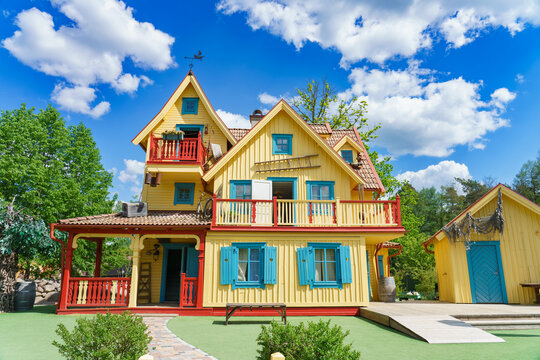The Villekulla Cottage (Pippi Longstocking's house) in the "Astrid Lindgren World" Theme Park in Vimmerby, Sweden. Children amusement park, animated with characters and settings from Astrid Lindgre
