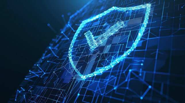 Visualizing a secure cybersecurity symbol: A dark blue wireframe shield adorned with a checkmark emblem, symbolizing robust protection and verified security measures