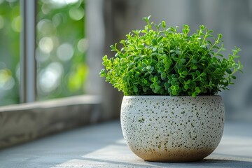 A vibrant houseplant thrives in a beautifully painted ceramic pot, adding a touch of greenery and charm to the cozy ambiance of the living room.