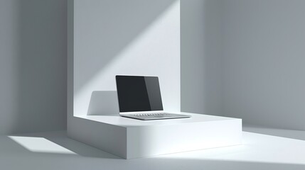 Sophisticated laptop on a white podium with a dark screen, set in a minimalist environment, ideal for tech presentations. 3D Render
