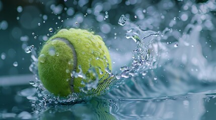 Tennis ball close-up, tennis point. Abstract splash background