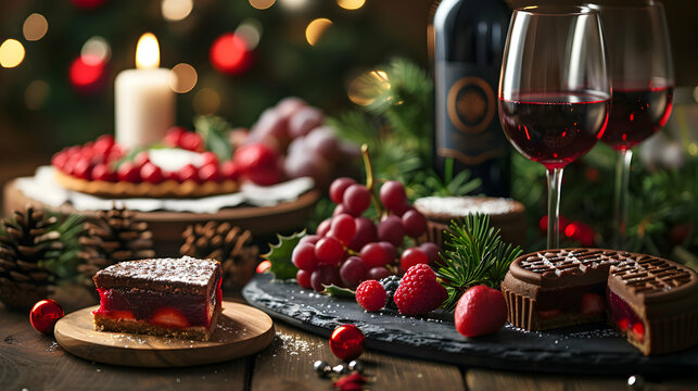 Wine pairing with holiday desserts: Sweet and festive flavors captured in high resolution image with a glossy backdrop   Photo Realistic Concept