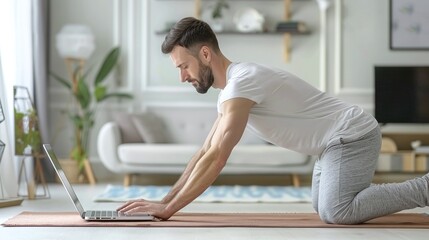 Training At Home. Sporty man doing yoga plank exercise while watching online tutorial on laptop in living room. Mature person follows the online guide trainer coach . Healthy lifestyle concept