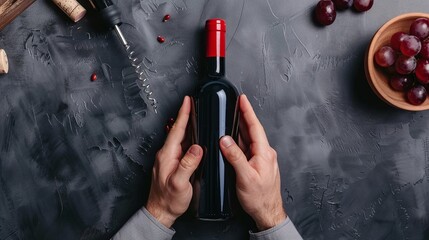 Unopened bottle of red wine and hands with corkscrew isolated on white background, flat design