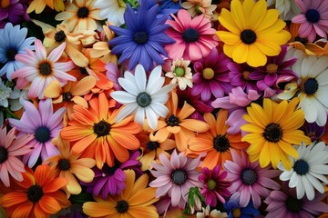 Closeup view of vibrant, multicolored daisy flowers creating a natural floral mosaic