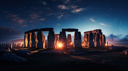 Contemporary Fire Torches on An Ancient Stone Circle Landscape Background