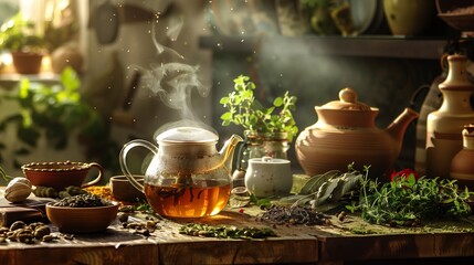 An earthy kitchen with Ayurvedic teas brewing, fresh herbs, and aromatic spices. Warm, inviting, holistic.