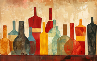 Abstract painting of colorful bottles on a shelf. Contemporary art with vibrant hues and textured background. Ideal for decor and design projects.
