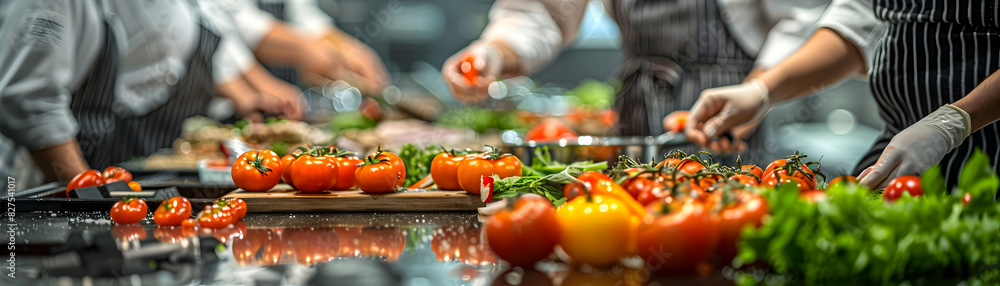 Poster photo realistic cooking class group activity: high res image capturing collaboration and social enga