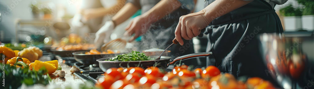 Poster vibrant cooking class group activity: high resolution image emphasizing collaboration and social con
