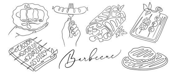 Set of bbq food in a line art style, illustration for design menu