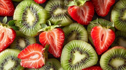 A close-up photograph of tart fruitiness, with slices of ripe strawberries and kiwi arranged in a circular pattern. The minimalist composition highlights the juicy and refreshing taste of the fruits,