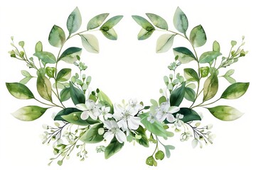 elegant botanical wreath with lush green leaves and delicate white flowers watercolor painting