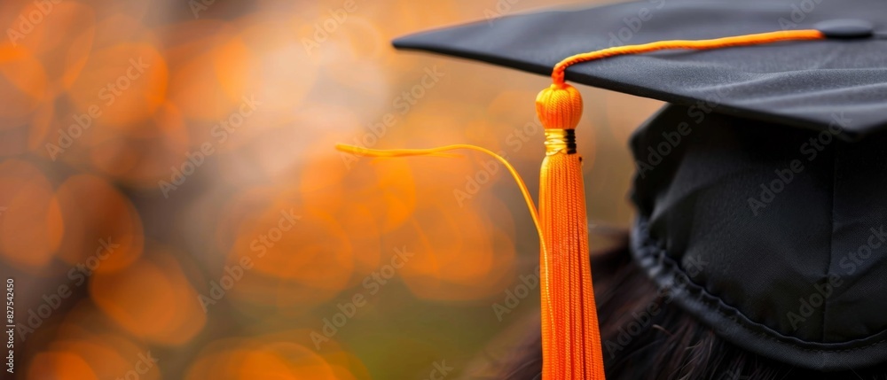 Wall mural Close-up of graduation cap with orange tassel, symbolizing academic achievement and educational milestone, set against blurred background. - Wall murals