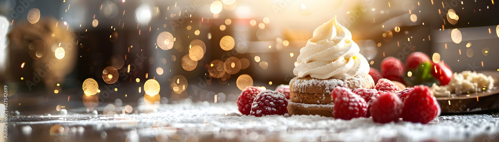 Poster a high resolution image capturing the art of dessert making in a photo realistic cooking class setti