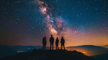 A group of friends stargazing on a hilltop, with a clear Milky Way visible above, awe-inspiring, high detail 
