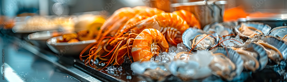 Poster high resolution photo realistic image of cooking class with seafood focus on glossy backdrop demonst