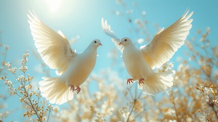Obraz premium White doves on a clear blue sky, peaceful and serene celebration theme