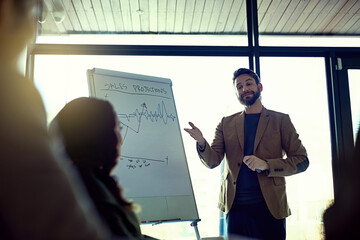 Business man, sales presentation and training with meeting chart, mentor and conversation in an...