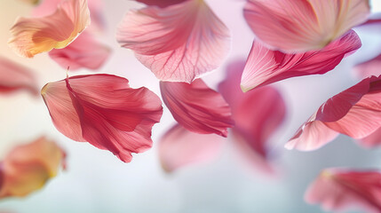  close-up of vibrant flower petals suspended mid-air against a clean, isolated background. The petals, in various shades of pink, red, and yellow, are captured in sharp focus, sho