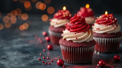 Red velvet cupcakes with sparkling candles, festive birthday or celebration theme