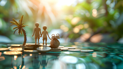 Photo realistic concept: Family planning budget friendly vacation with glossy backdrop showcasing cost effective travel ideas. High res image of joyful budget friendly trip.